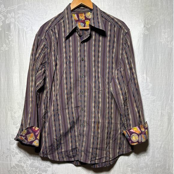 Robert Graham Button Up XL Purple Geometric Stripe Contrast Trim FLAW - Picture 1 of 12